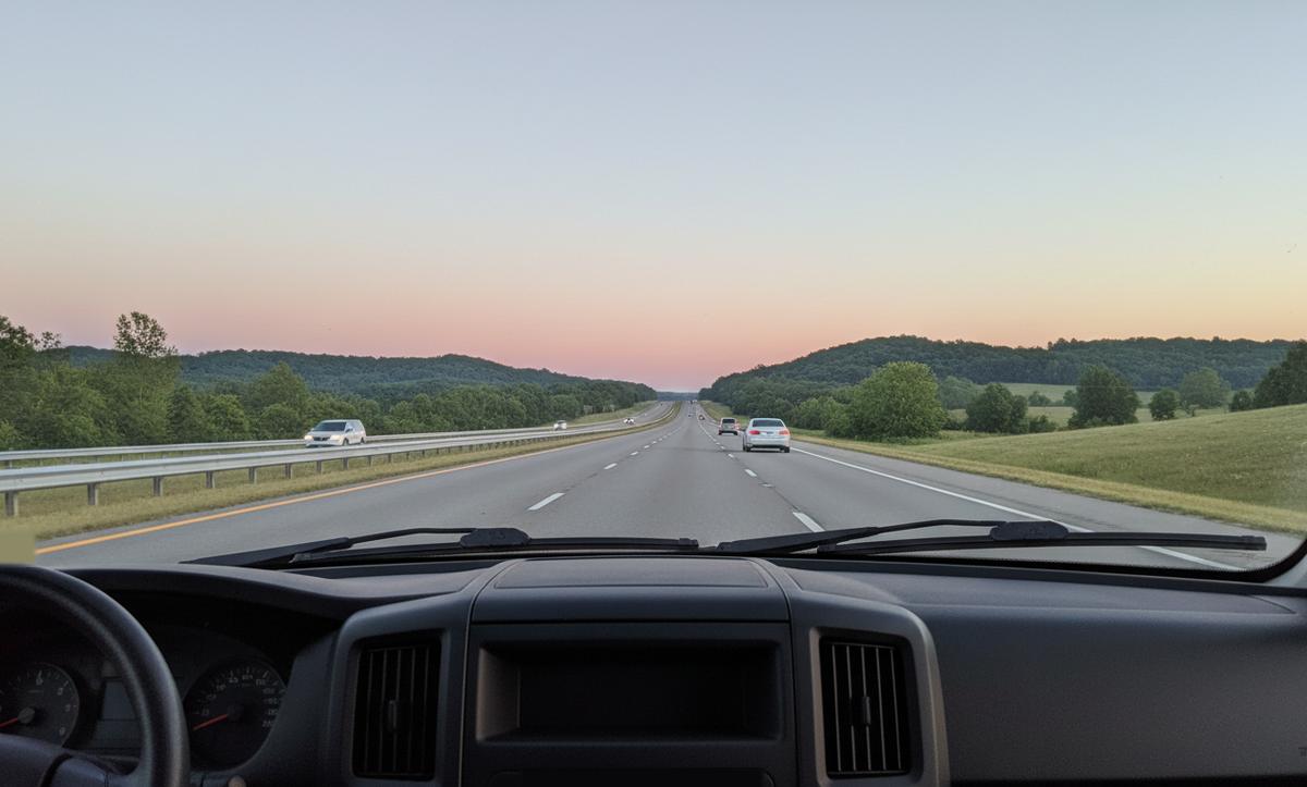 View through the windshield of a van at dawn on an empty interstate in Tennessee, hills ahead