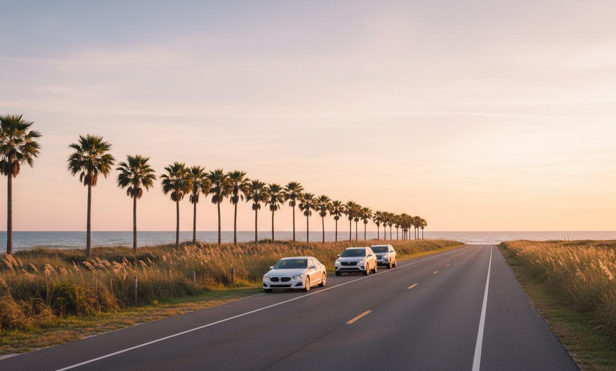 A coastal road at sunrise on Florida's Atlantic side, dunes and sea oats on one side, a row of palms