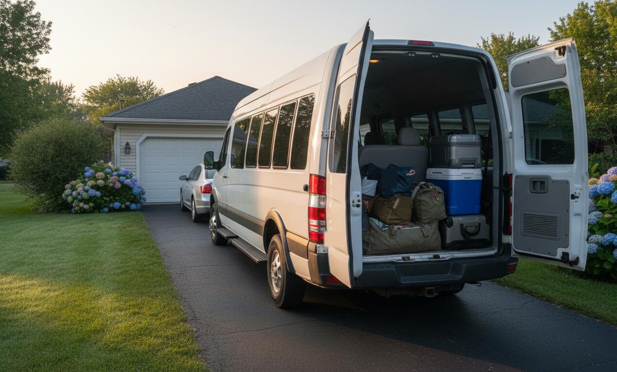 The open rear doors of a long white passenger van, duffel bags and a cooler packed behind the last bench